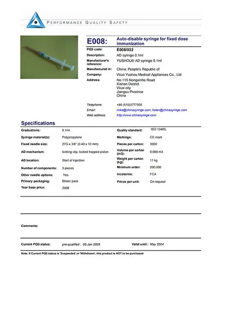 0.1ml auto-disable syringe performance quality safety certificate