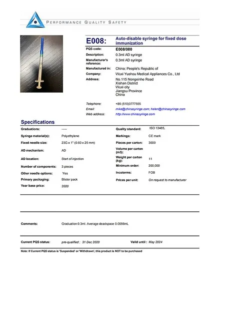 0.3ml auto-disable syringe performance quality safety certificate