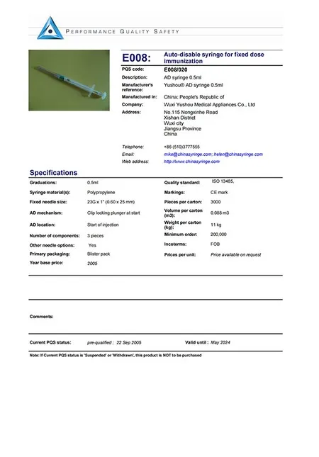 0.5ml auto-disable syringe performance quality safety certificate