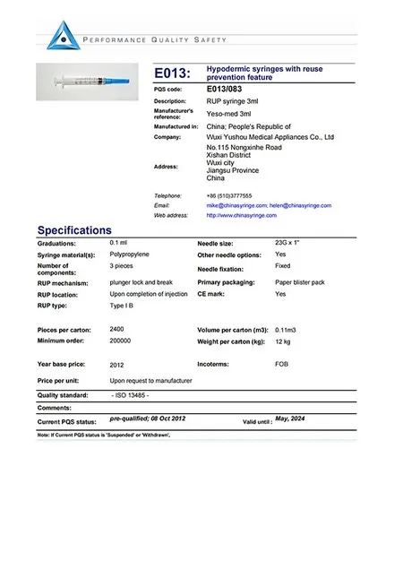 3ml auto-disable syringe performance quality safety certificate