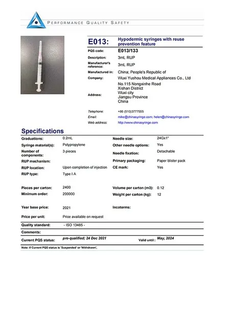 3ml separate auto-disable syringe performance quality safety certificate