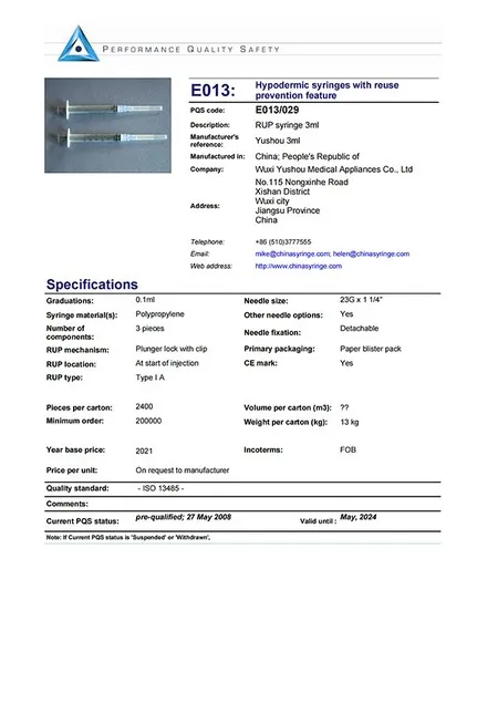 3ml steel auto-disable syringe performance quality safety certificate