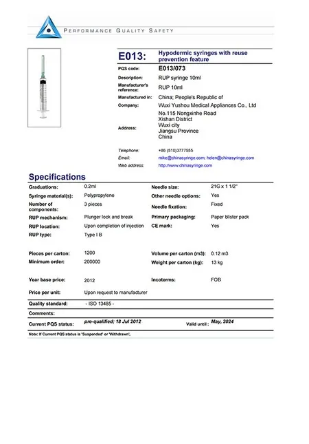 10ml auto-disable syringe performance quality safety certificate